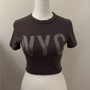 SHEIN Dark Grat NYC Rhinestone Graphic Crop Top